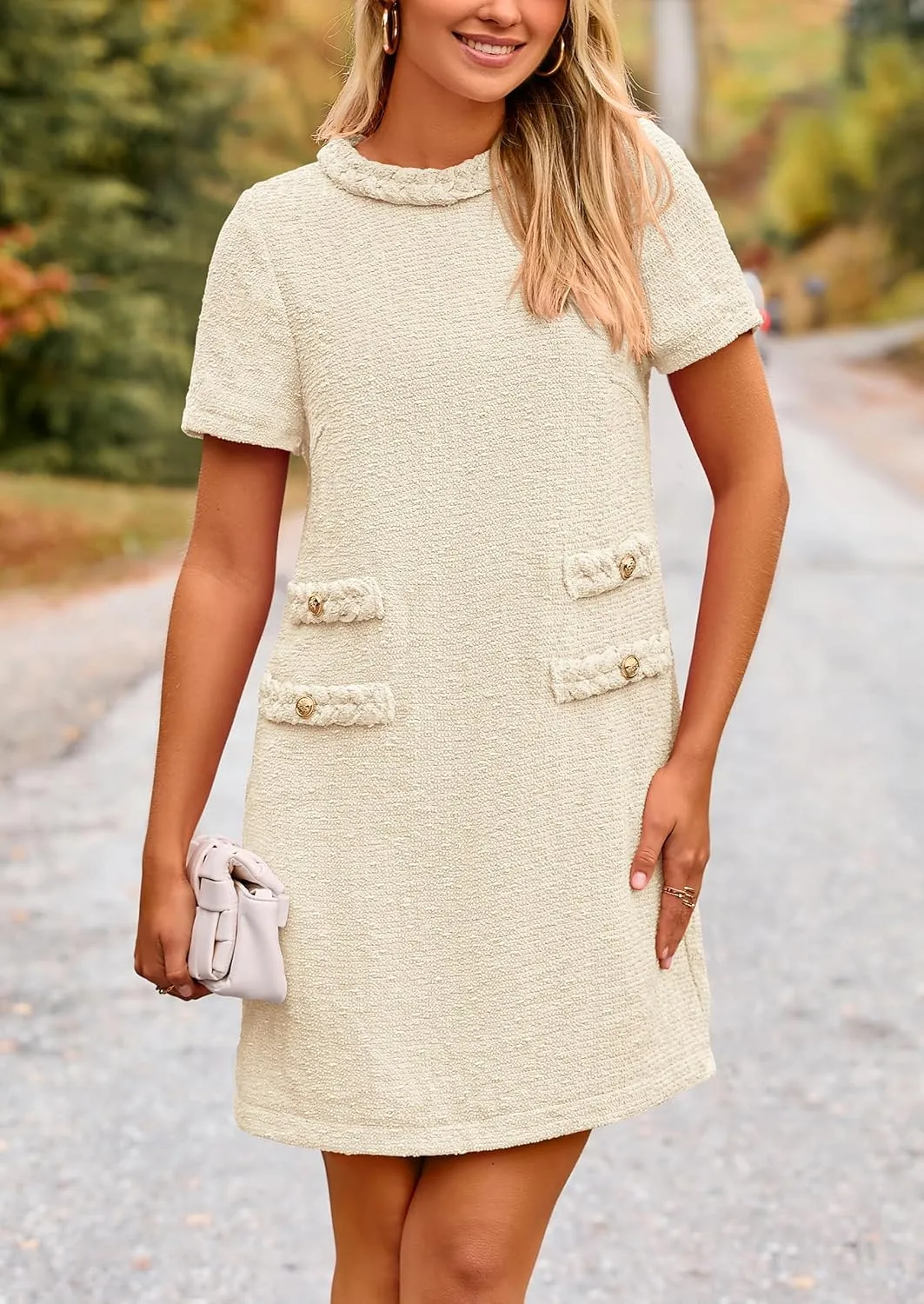 PRETTYGARDEN Women's Summer Tweed Short Dress Crewneck Short Sleeve A Line Mini Casual Elegant Cute Party Vintage Dresses
