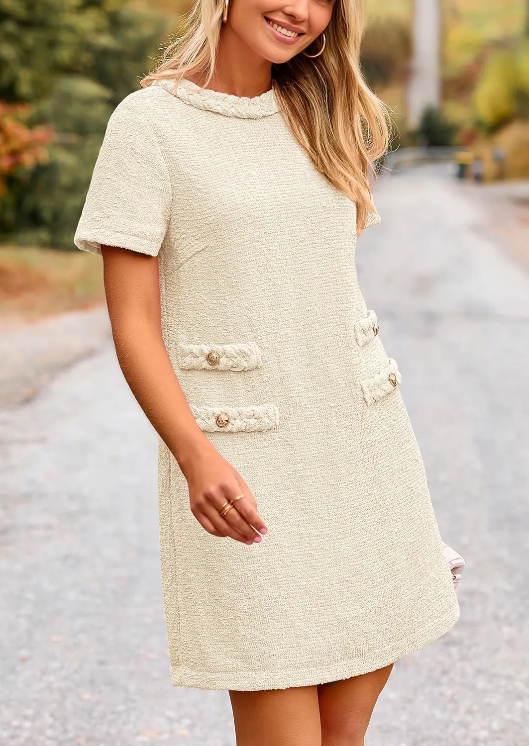 PRETTYGARDEN Women's Summer Tweed Short Dress Crewneck Short Sleeve A Line Mini Casual Elegant Cute Party Vintage Dresses