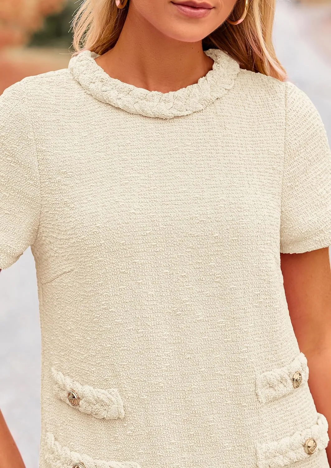 PRETTYGARDEN Women's Summer Tweed Short Dress Crewneck Short Sleeve A Line Mini Casual Elegant Cute Party Vintage Dresses