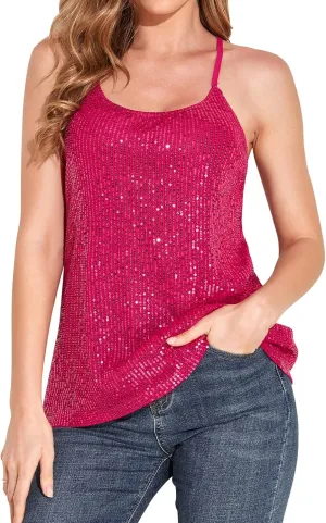 PrettyGuide Women's All Over Sequin Top Shimmer Strappy Camisole Sparkly Tank Tops Party Shirts