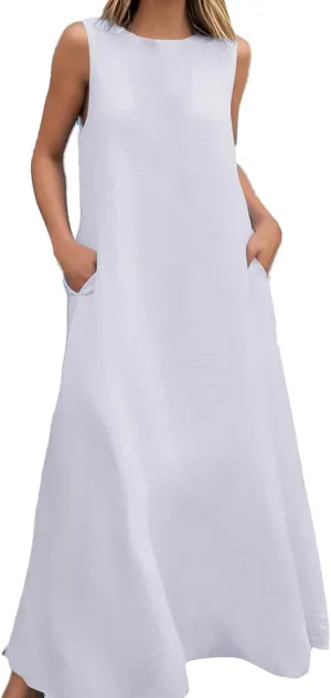 PTOLOCIF Summer Maxi Dresses for Women 2025 Casual Crew Neck Sleeveless Tank Dress a Line Swing Long Sundresses with Pocket