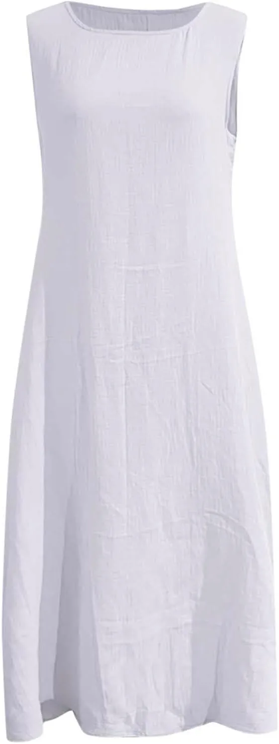 PTOLOCIF Summer Maxi Dresses for Women 2025 Casual Crew Neck Sleeveless Tank Dress a Line Swing Long Sundresses with Pocket