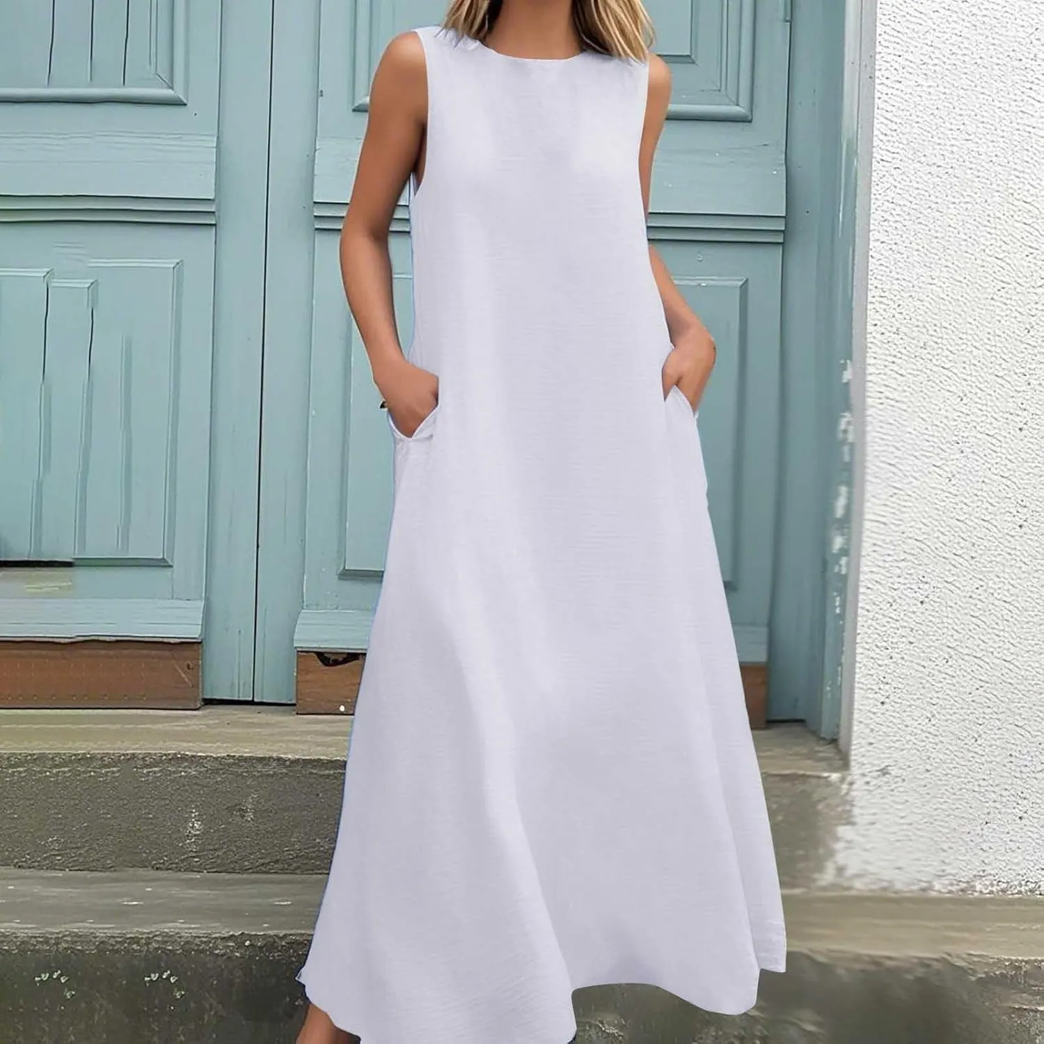 PTOLOCIF Summer Maxi Dresses for Women 2025 Casual Crew Neck Sleeveless Tank Dress a Line Swing Long Sundresses with Pocket