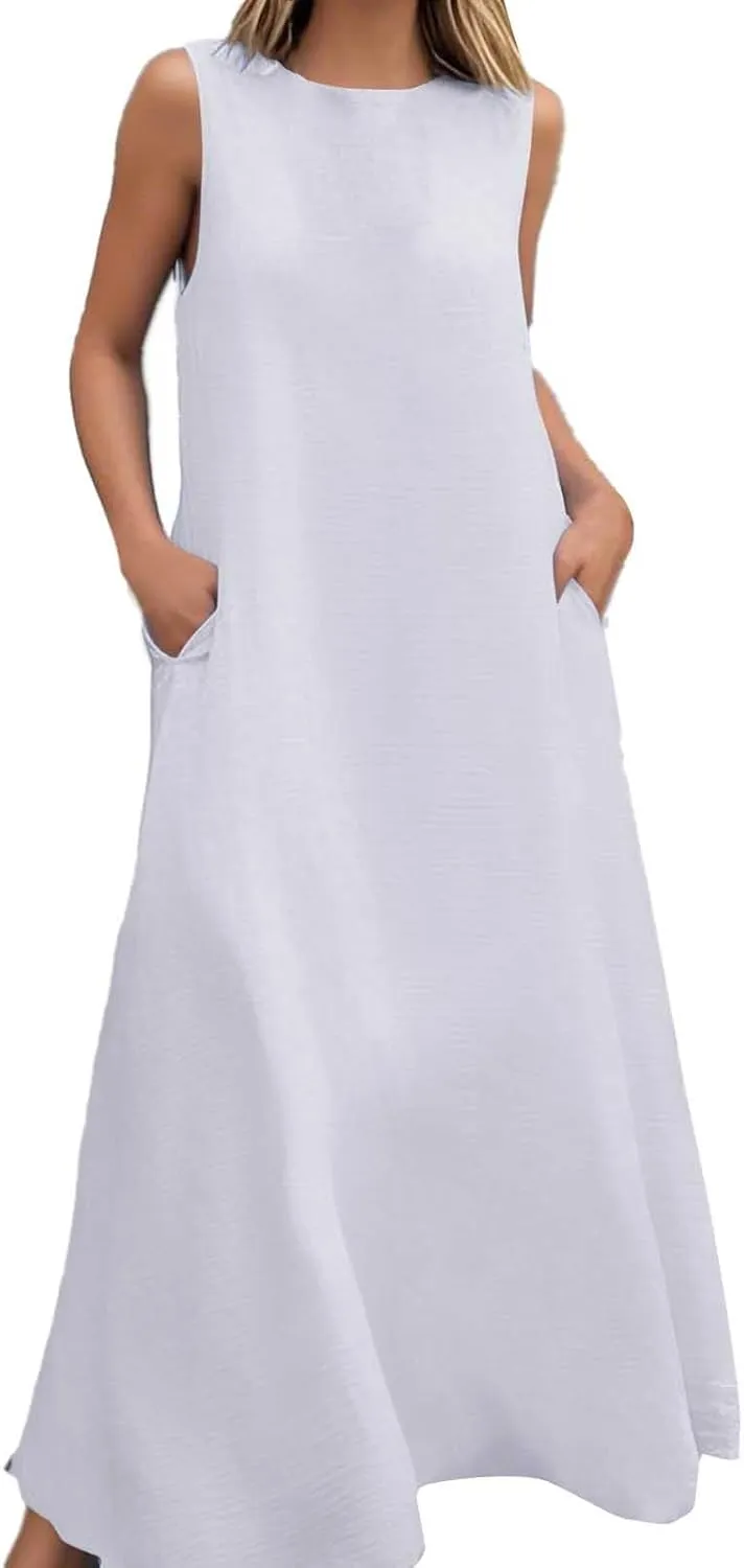 PTOLOCIF Summer Maxi Dresses for Women 2025 Casual Crew Neck Sleeveless Tank Dress a Line Swing Long Sundresses with Pocket