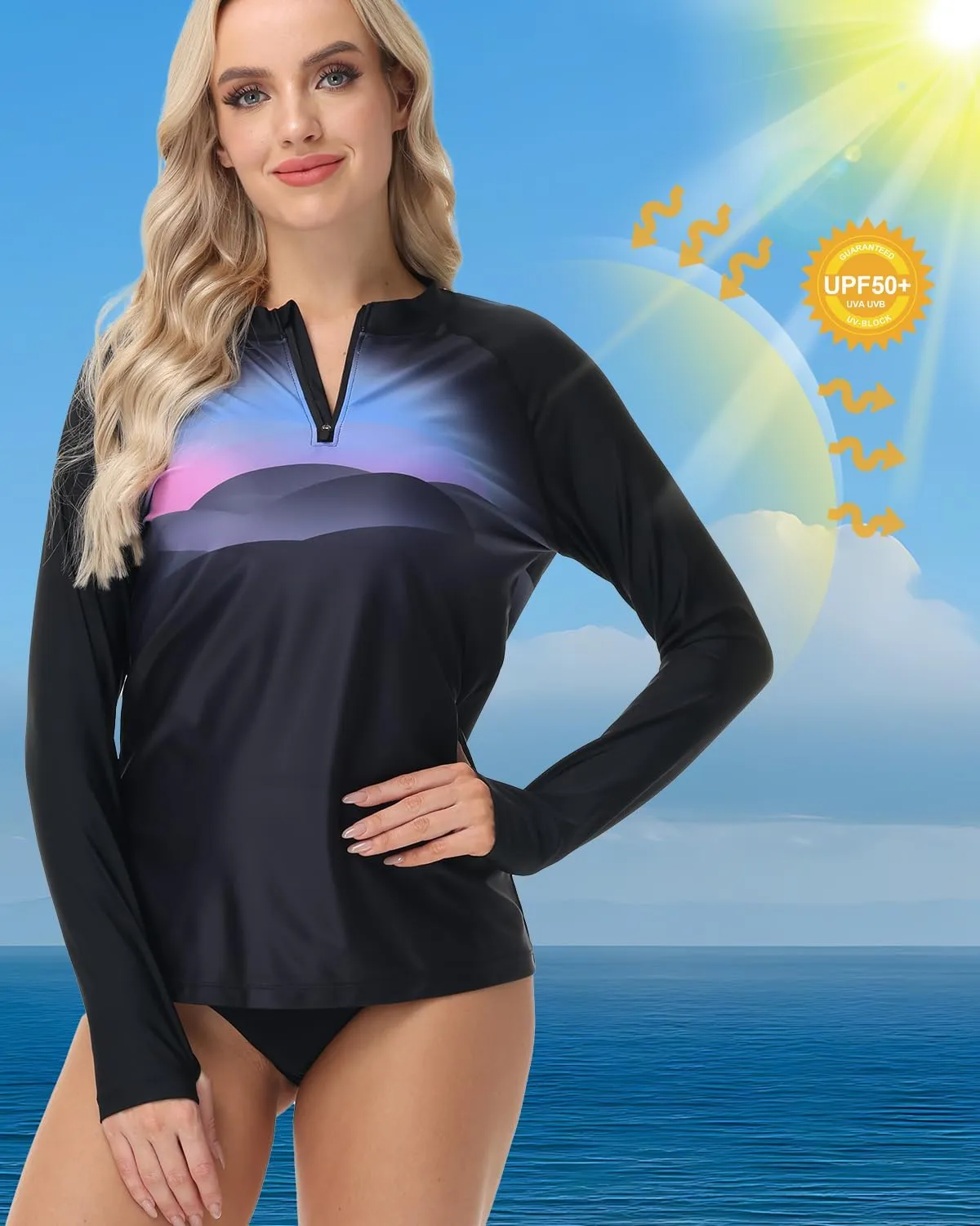 Rash Guard for Women UPF 50  Swim Shirts 1/4 Zip Long Sleeve SPF UV Protection Shirts No Bottom Tops with Thumb Hole