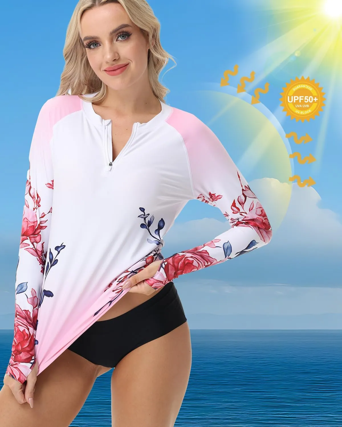 Rash Guard for Women UPF 50  Swim Shirts 1/4 Zip Long Sleeve SPF UV Protection Shirts No Bottom Tops with Thumb Hole