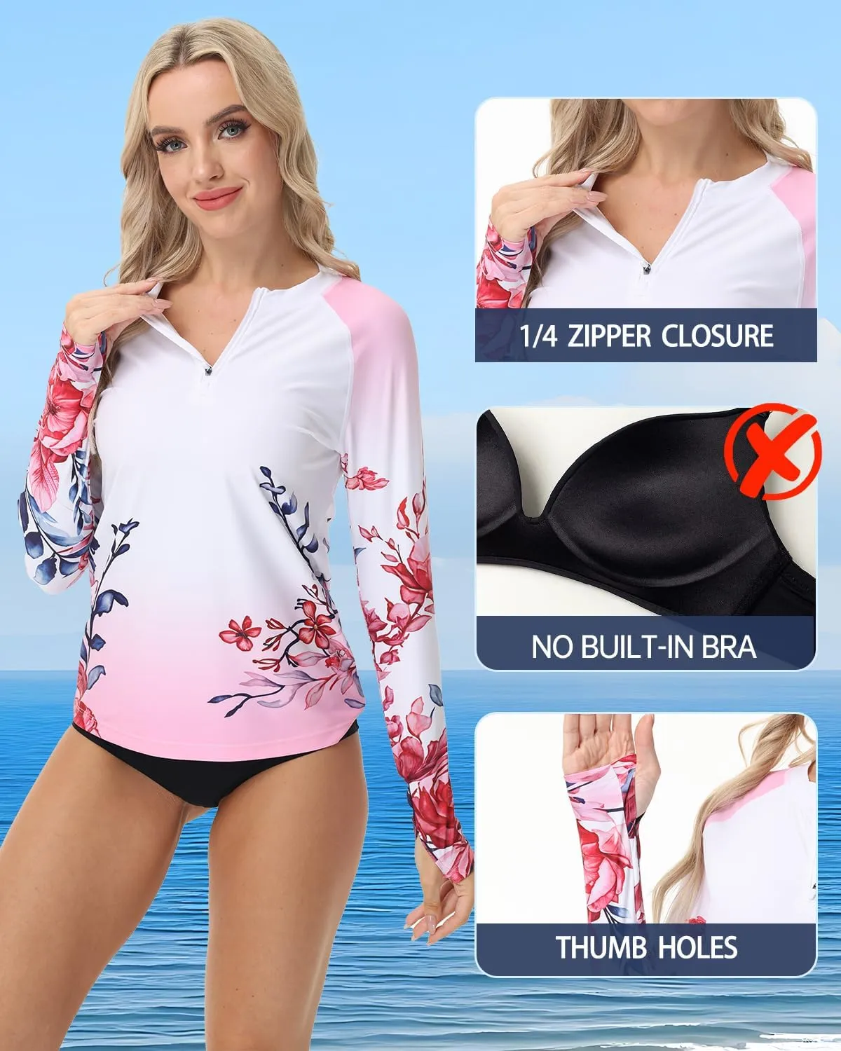Rash Guard for Women UPF 50  Swim Shirts 1/4 Zip Long Sleeve SPF UV Protection Shirts No Bottom Tops with Thumb Hole
