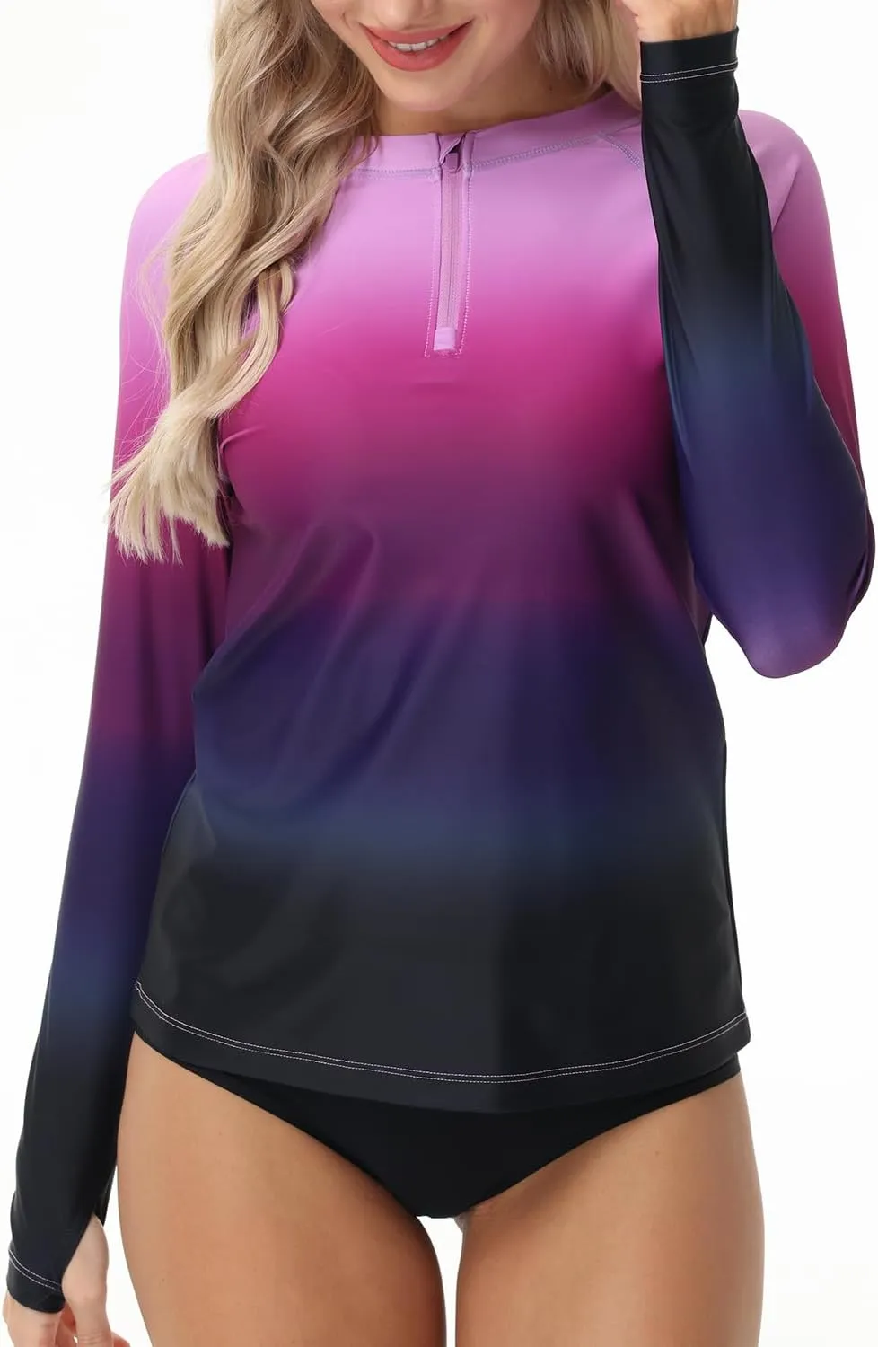Rash Guard for Women UPF 50  Swim Shirts 1/4 Zip Long Sleeve SPF UV Protection Shirts No Bottom Tops with Thumb Hole