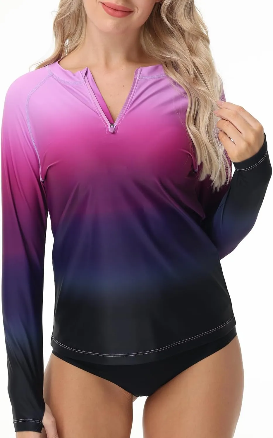 Rash Guard for Women UPF 50  Swim Shirts 1/4 Zip Long Sleeve SPF UV Protection Shirts No Bottom Tops with Thumb Hole