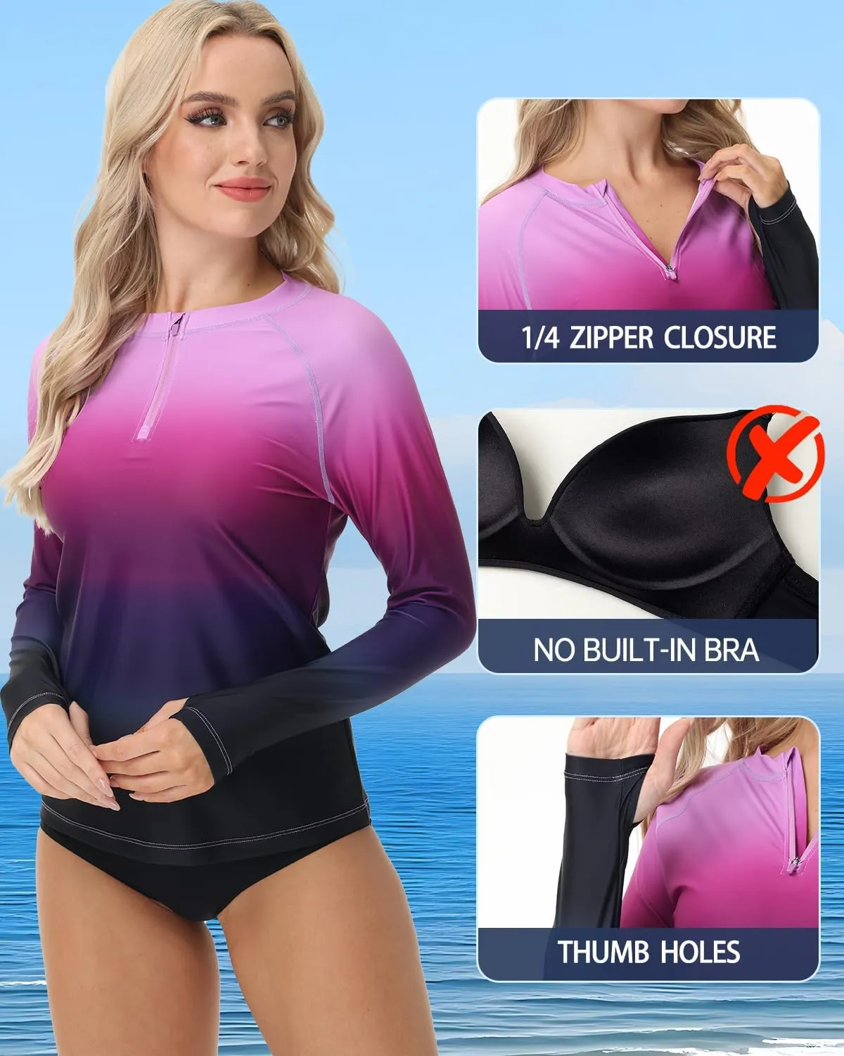 Rash Guard for Women UPF 50  Swim Shirts 1/4 Zip Long Sleeve SPF UV Protection Shirts No Bottom Tops with Thumb Hole