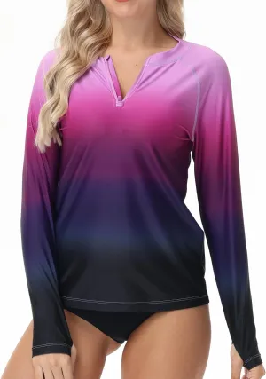 Rash Guard for Women UPF 50  Swim Shirts 1/4 Zip Long Sleeve SPF UV Protection Shirts No Bottom Tops with Thumb Hole
