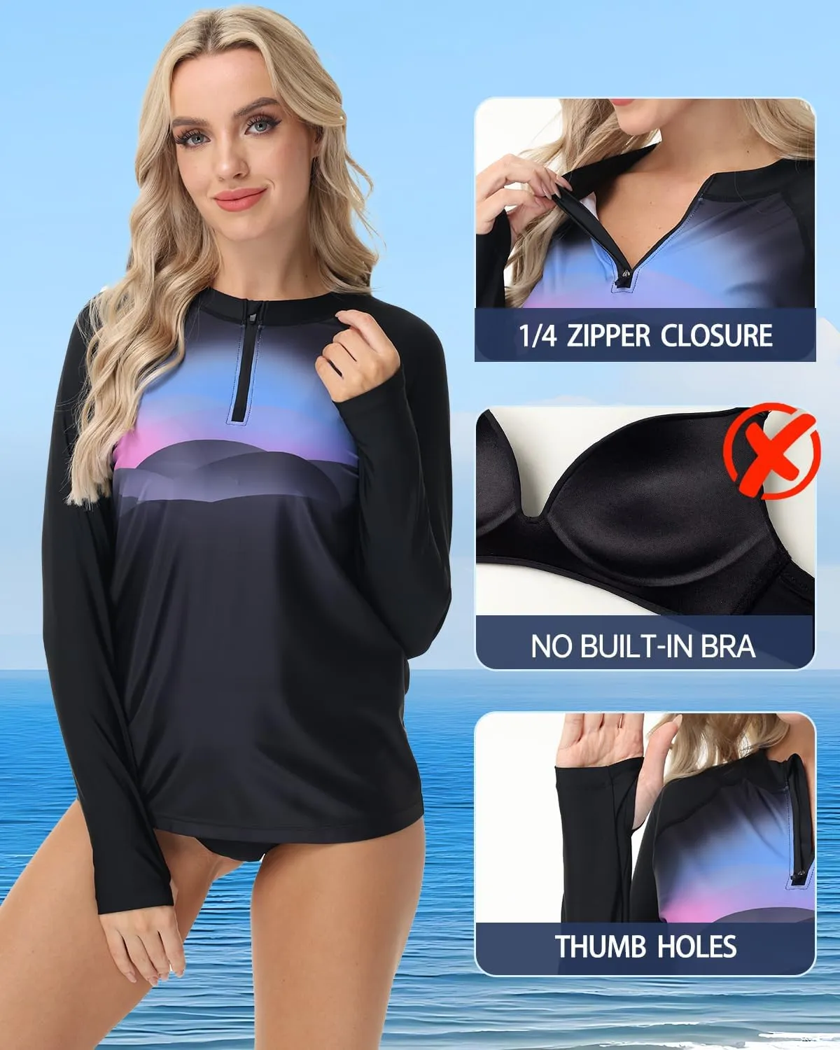 Rash Guard for Women UPF 50  Swim Shirts 1/4 Zip Long Sleeve SPF UV Protection Shirts No Bottom Tops with Thumb Hole