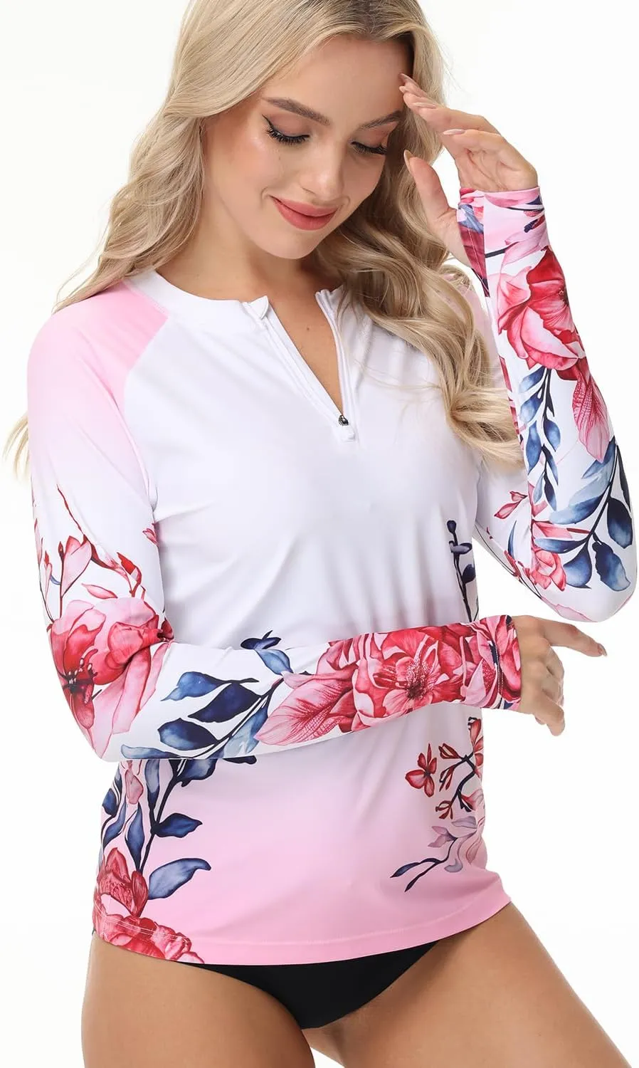 Rash Guard for Women UPF 50  Swim Shirts 1/4 Zip Long Sleeve SPF UV Protection Shirts No Bottom Tops with Thumb Hole