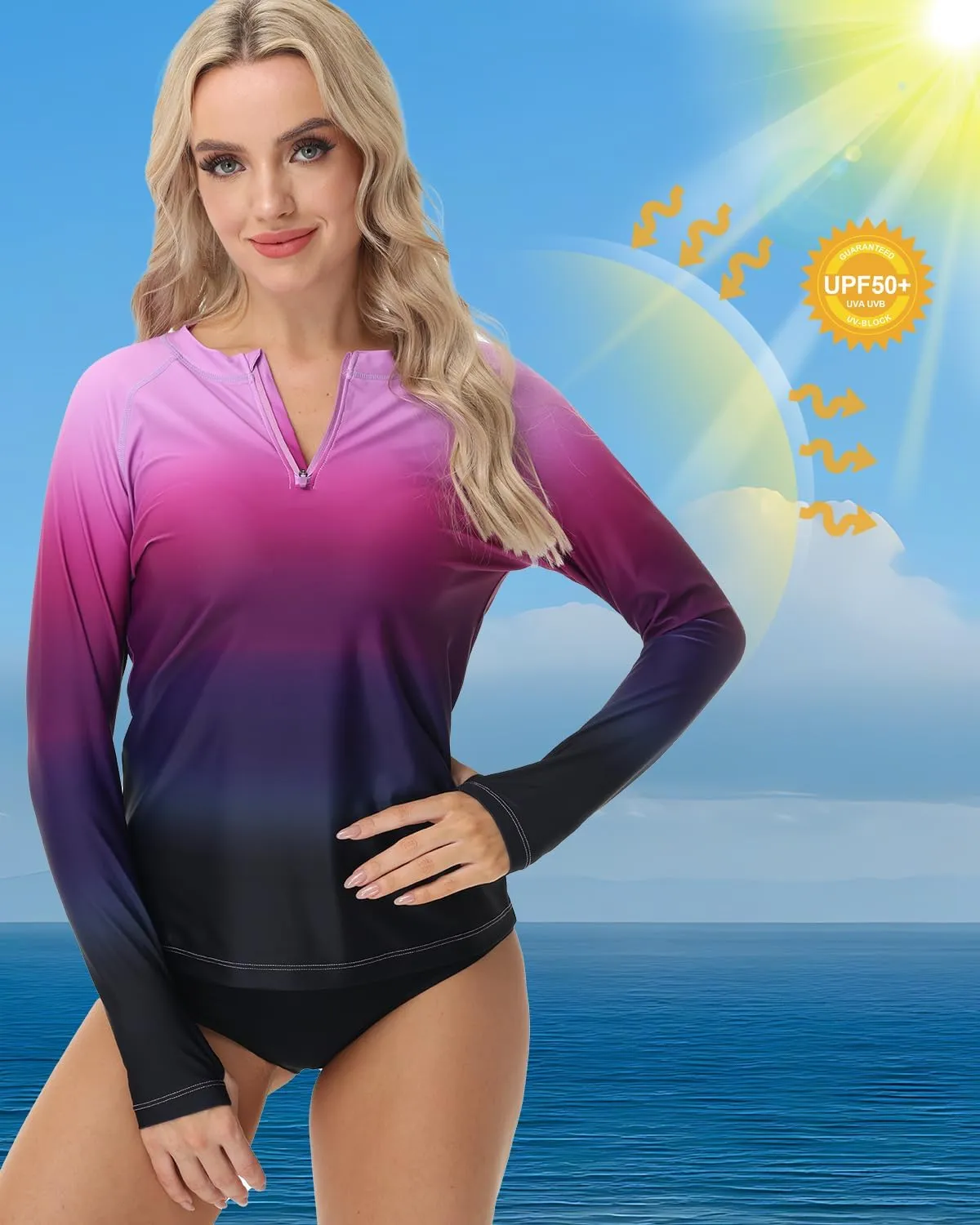 Rash Guard for Women UPF 50  Swim Shirts 1/4 Zip Long Sleeve SPF UV Protection Shirts No Bottom Tops with Thumb Hole