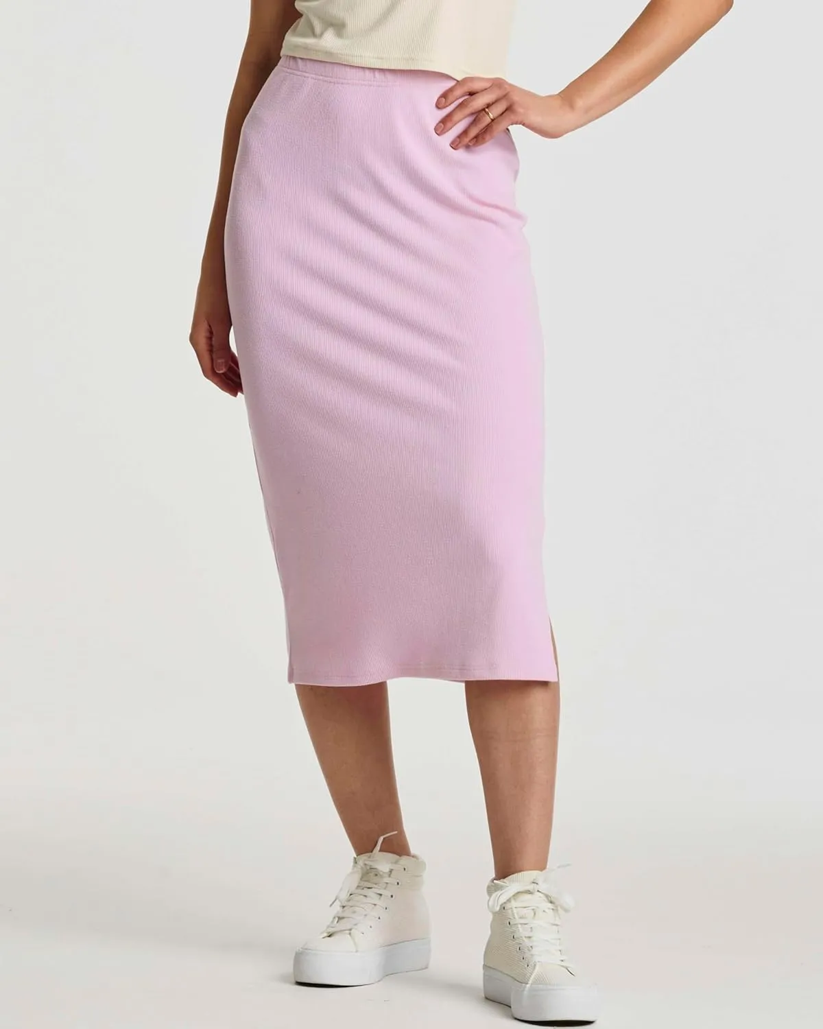 Real Essentials 3 Pack: Women's Midi Ribbed Knit Skirt with Side Slit - Stretchy Work Business Casual Pencil Pull-On Skirts