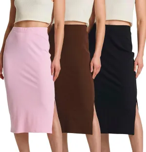 Real Essentials 3 Pack: Women's Midi Ribbed Knit Skirt with Side Slit - Stretchy Work Business Casual Pencil Pull-On Skirts
