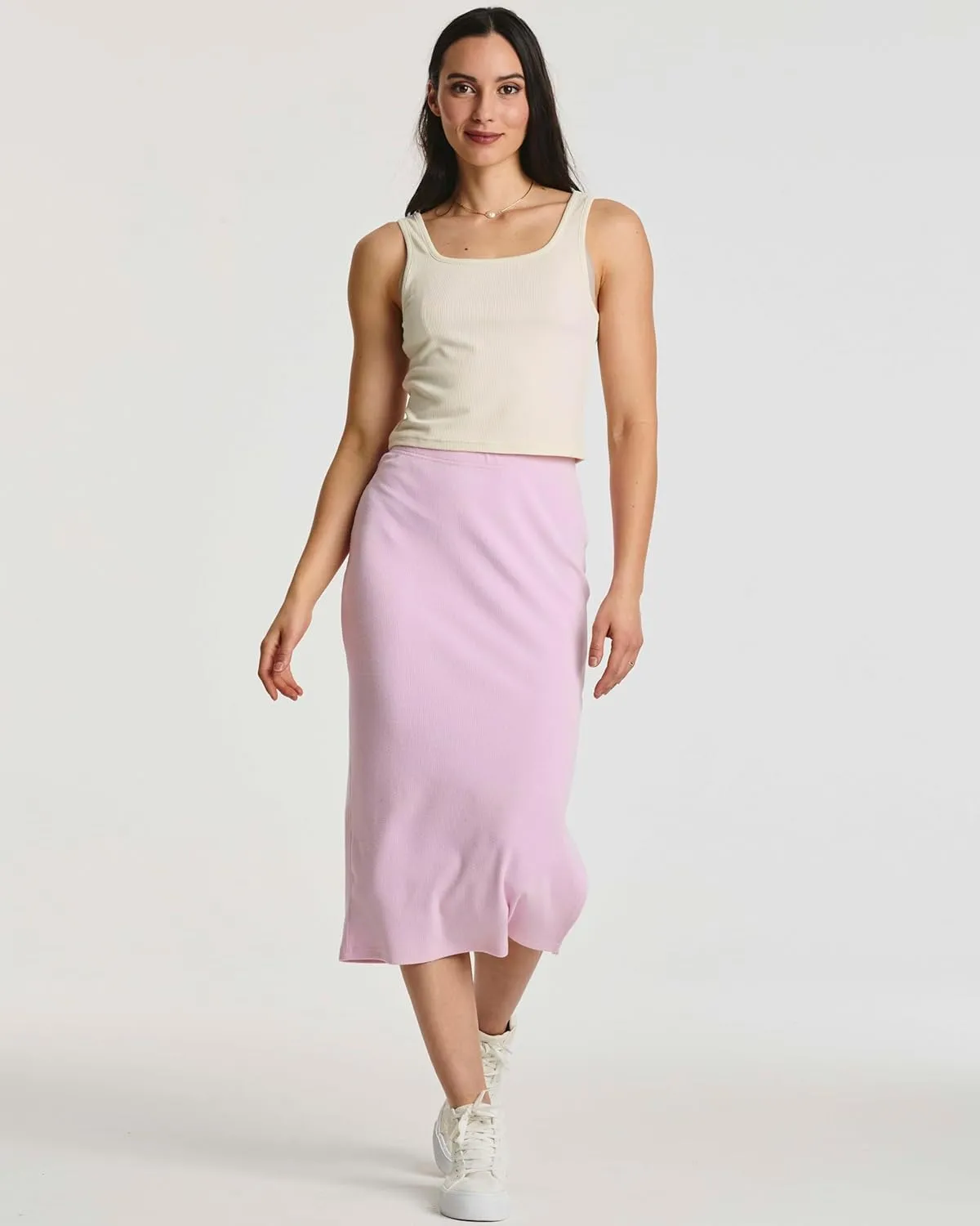 Real Essentials 3 Pack: Women's Midi Ribbed Knit Skirt with Side Slit - Stretchy Work Business Casual Pencil Pull-On Skirts