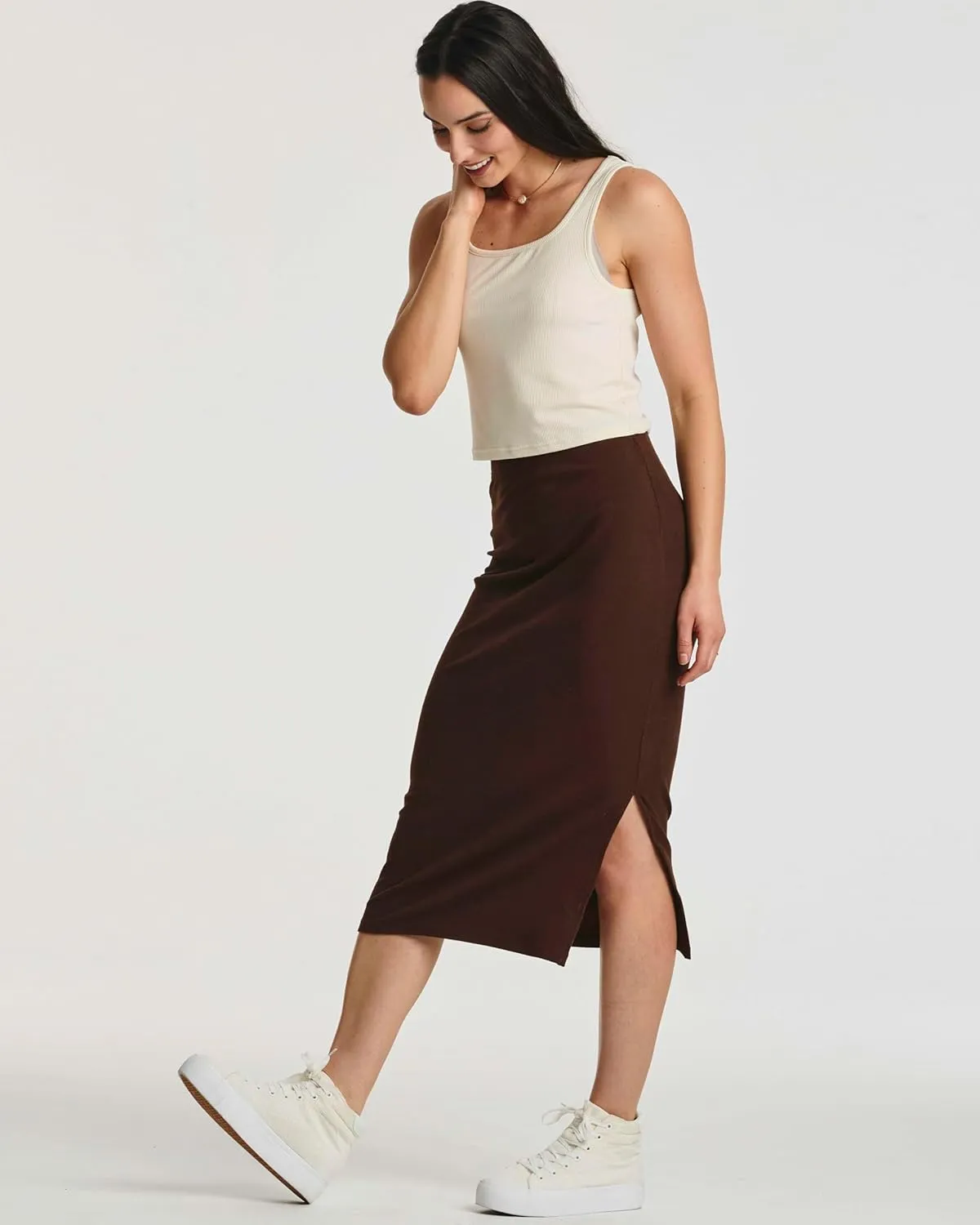 Real Essentials 3 Pack: Women's Midi Ribbed Knit Skirt with Side Slit - Stretchy Work Business Casual Pencil Pull-On Skirts