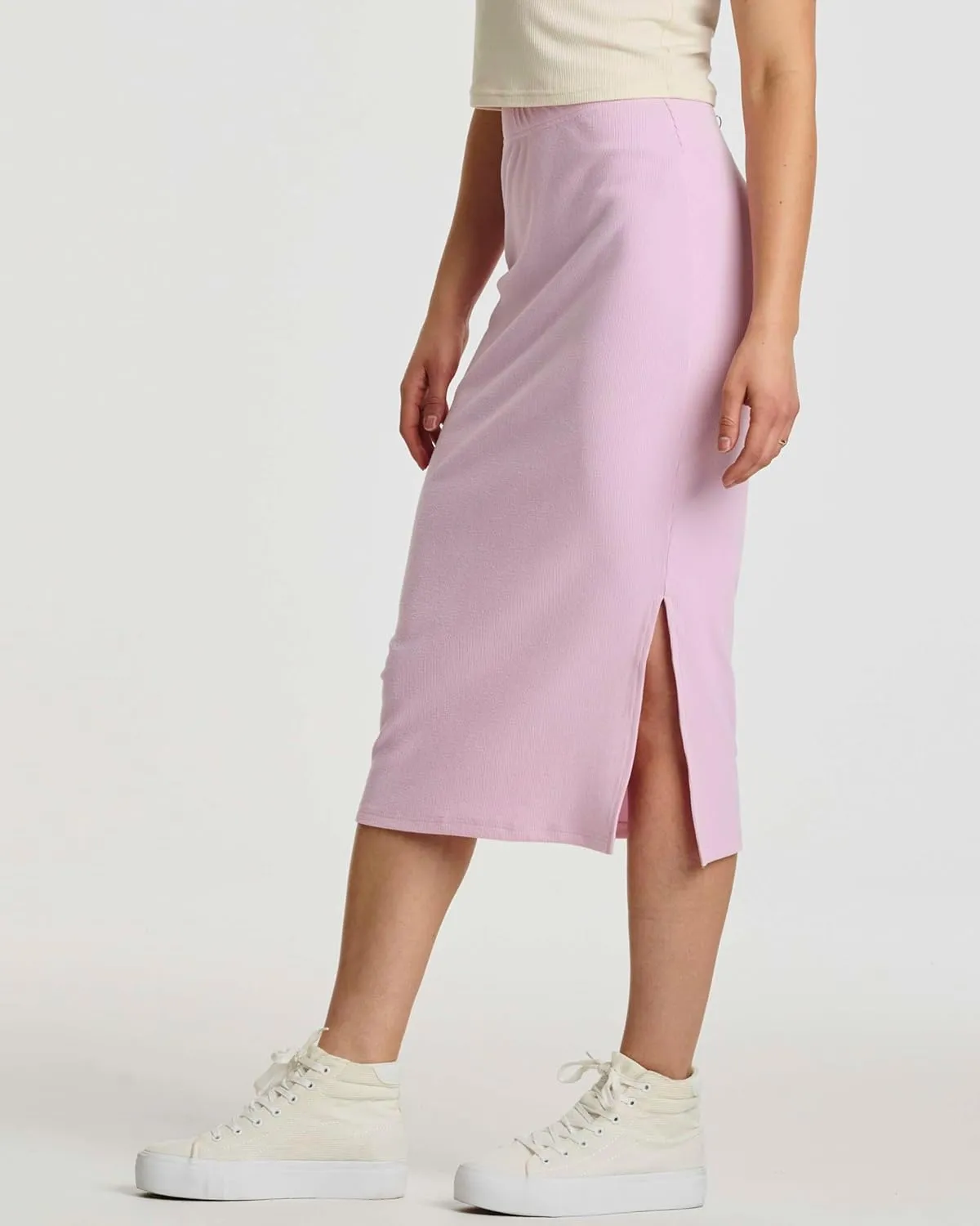 Real Essentials 3 Pack: Women's Midi Ribbed Knit Skirt with Side Slit - Stretchy Work Business Casual Pencil Pull-On Skirts