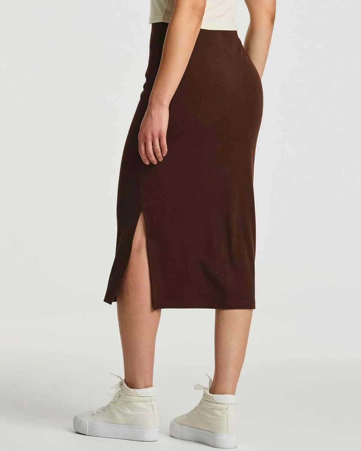 Real Essentials 3 Pack: Women's Midi Ribbed Knit Skirt with Side Slit - Stretchy Work Business Casual Pencil Pull-On Skirts