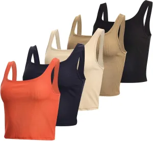 Real Essentials 5 Pack: Women's Soft Knit Ribbed Square Neck Cropped Tank Top - Sleeveless Crop Tops