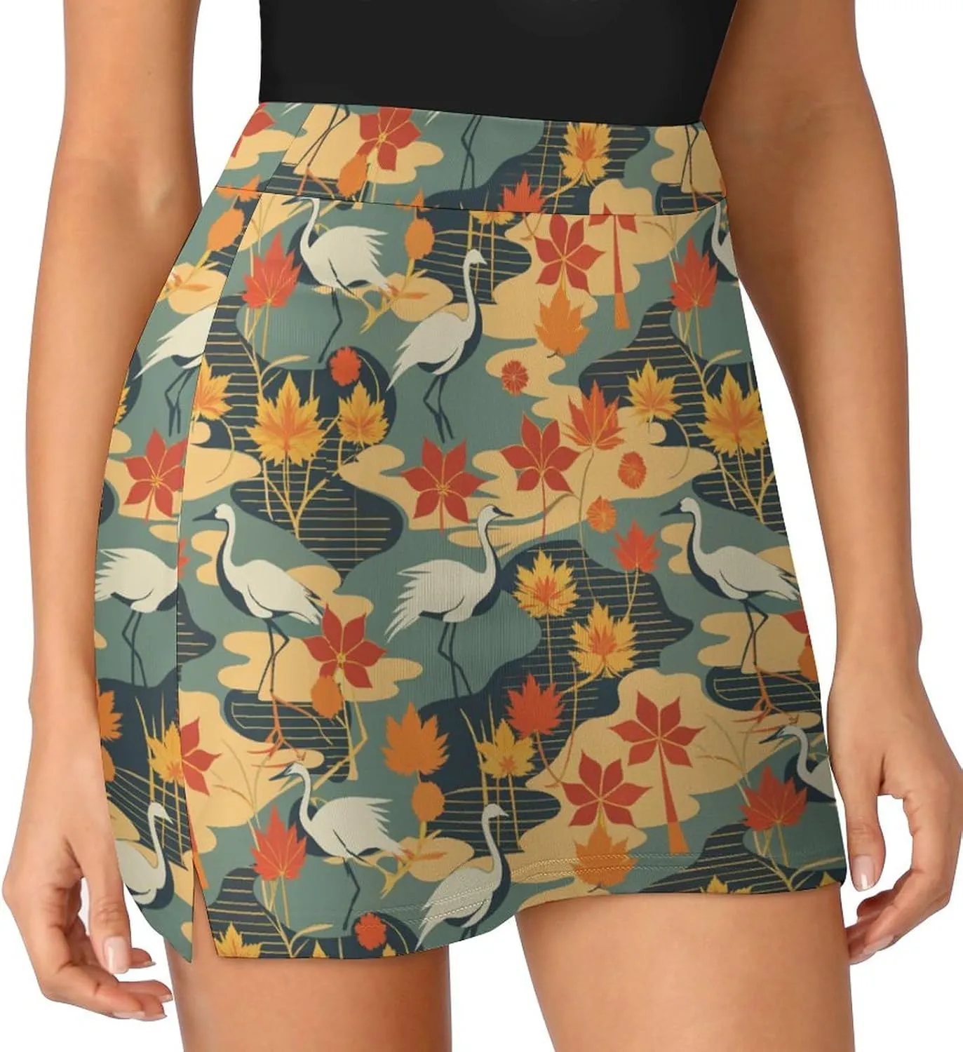 Retro Bird Pattern Women's Athletic Skirts Light Proof A-line Trouser Skirt with Shorts Pockets