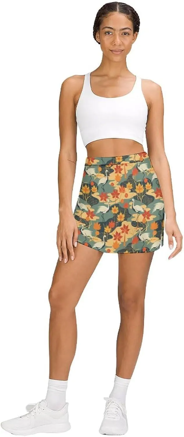 Retro Bird Pattern Women's Athletic Skirts Light Proof A-line Trouser Skirt with Shorts Pockets