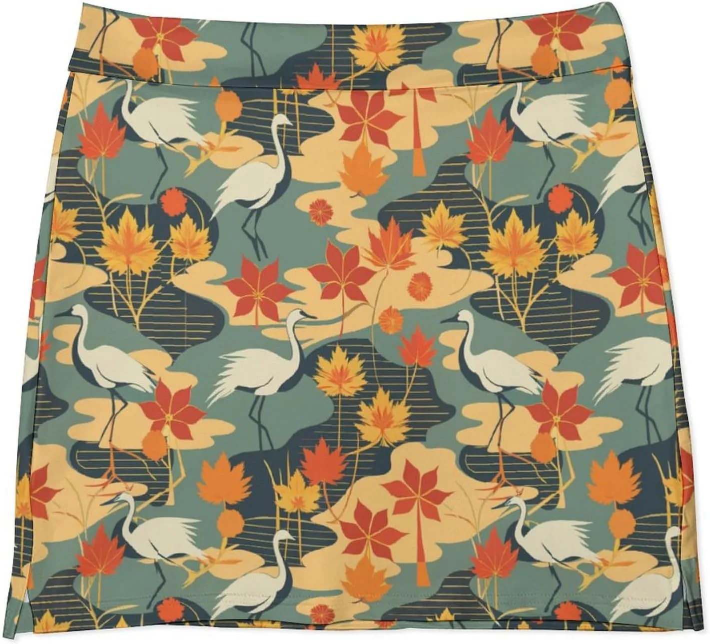 Retro Bird Pattern Women's Athletic Skirts Light Proof A-line Trouser Skirt with Shorts Pockets