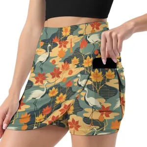 Retro Bird Pattern Women's Athletic Skirts Light Proof A-line Trouser Skirt with Shorts Pockets