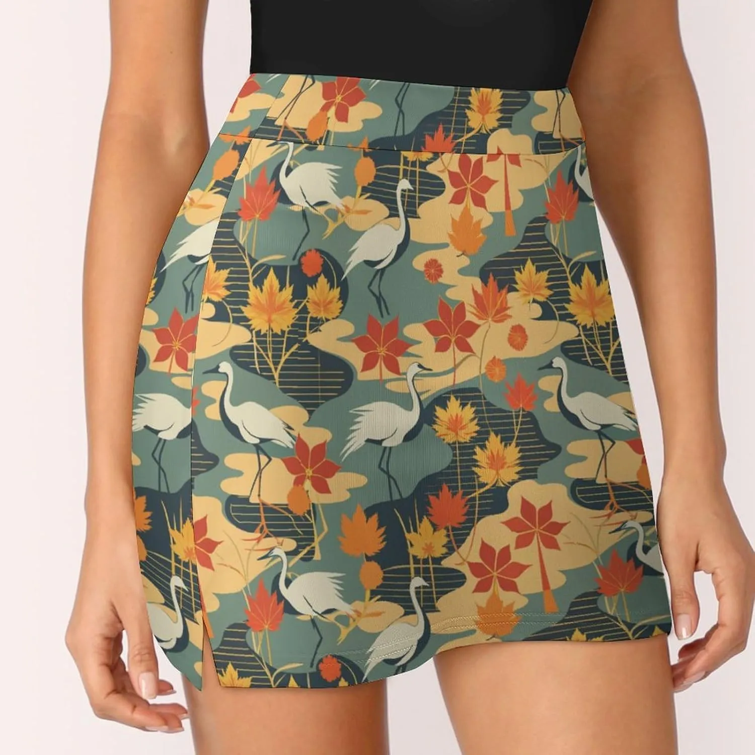 Retro Bird Pattern Women's Athletic Skirts Light Proof A-line Trouser Skirt with Shorts Pockets