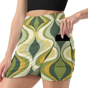Retro Green Geometric Gradated Women's Skort Athletic Skirt Golf Skorts A-line Skirts with Built-in Shorts Pockets