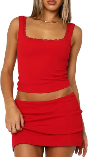 Ribbed Crop Tank Tops for Women Lace Summer Going Out Square Neck Y2k Backless Cute Sleeveless Tops 2025 Trendy Shirt