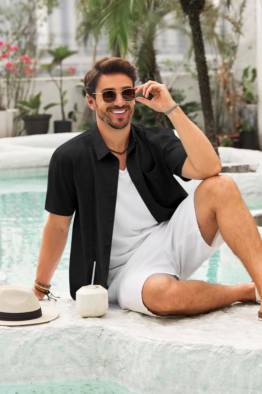 Runcati Mens Cuban Guayabera Shirts Button Down Short Sleeve Shirt Casual Linen Summer Beach Vacation Hippie Tops