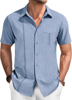 Runcati Mens Cuban Guayabera Shirts Button Down Short Sleeve Shirt Casual Linen Summer Beach Vacation Hippie Tops