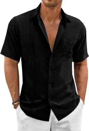 Runcati Mens Cuban Guayabera Shirts Button Down Short Sleeve Shirt Casual Linen Summer Beach Vacation Hippie Tops