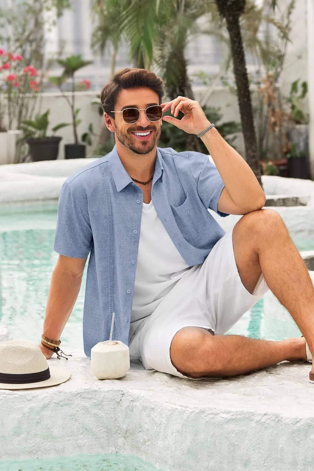 Runcati Mens Cuban Guayabera Shirts Button Down Short Sleeve Shirt Casual Linen Summer Beach Vacation Hippie Tops