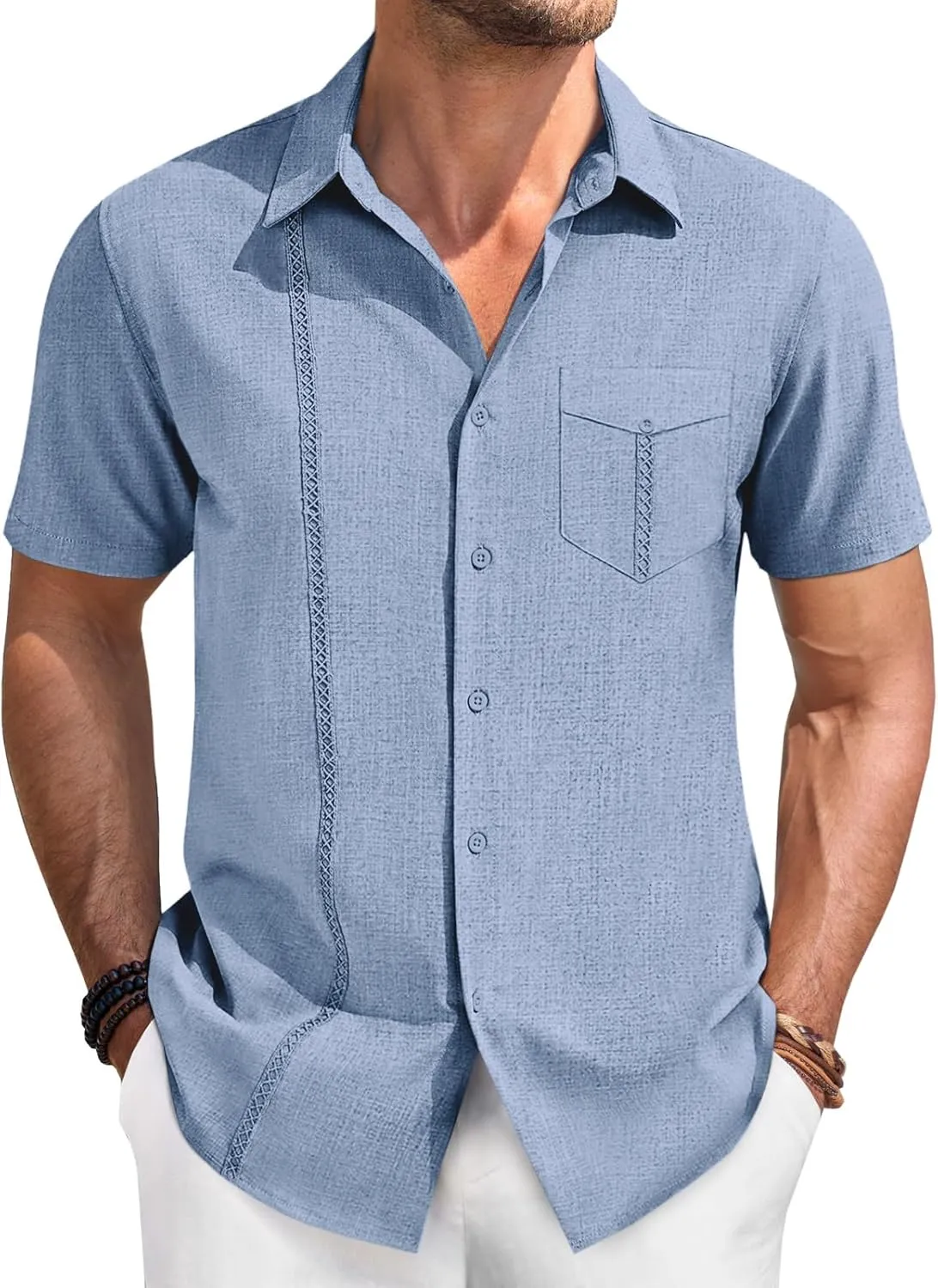 Runcati Mens Cuban Guayabera Shirts Button Down Short Sleeve Shirt Casual Linen Summer Beach Vacation Hippie Tops