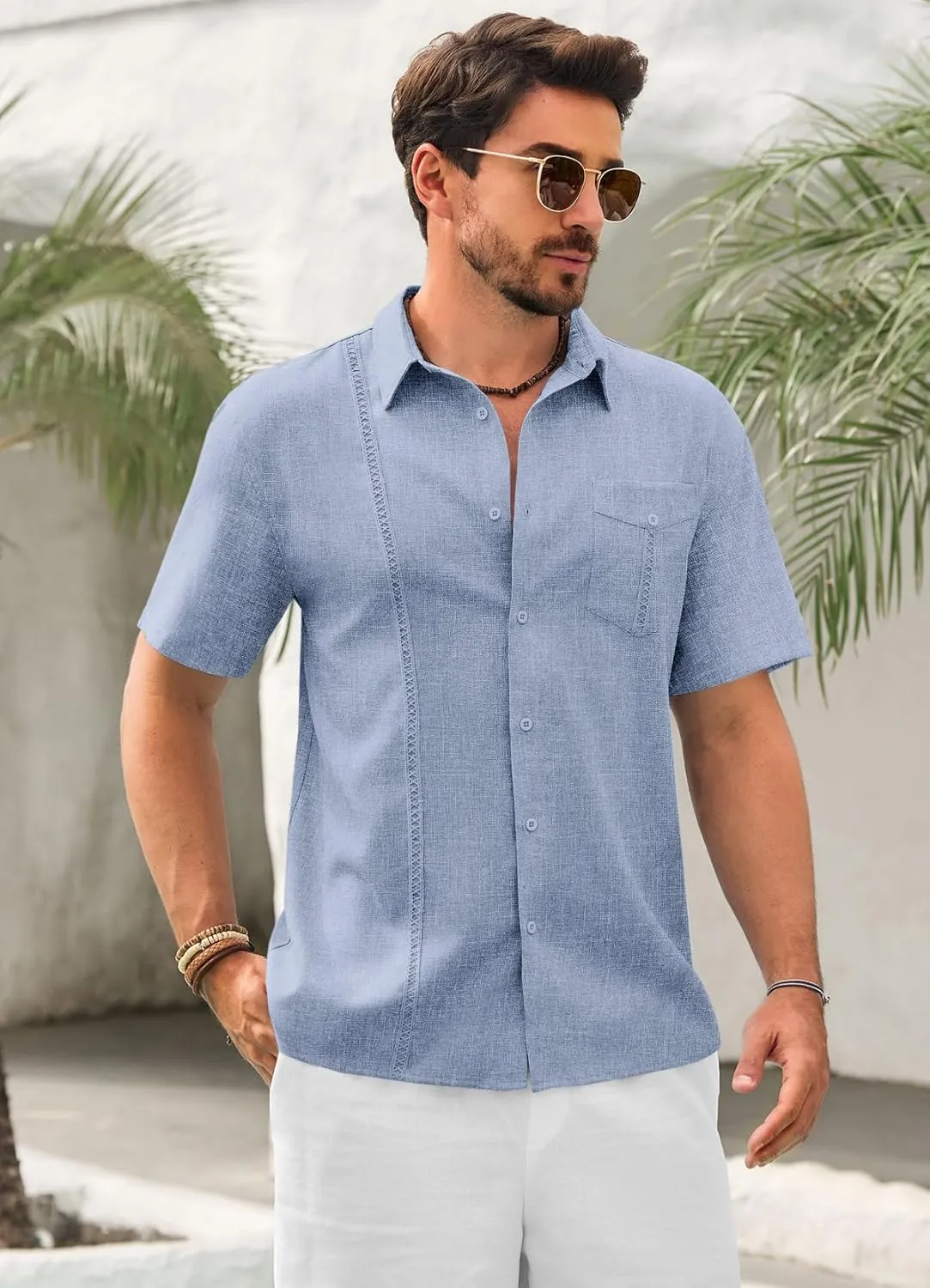 Runcati Mens Cuban Guayabera Shirts Button Down Short Sleeve Shirt Casual Linen Summer Beach Vacation Hippie Tops