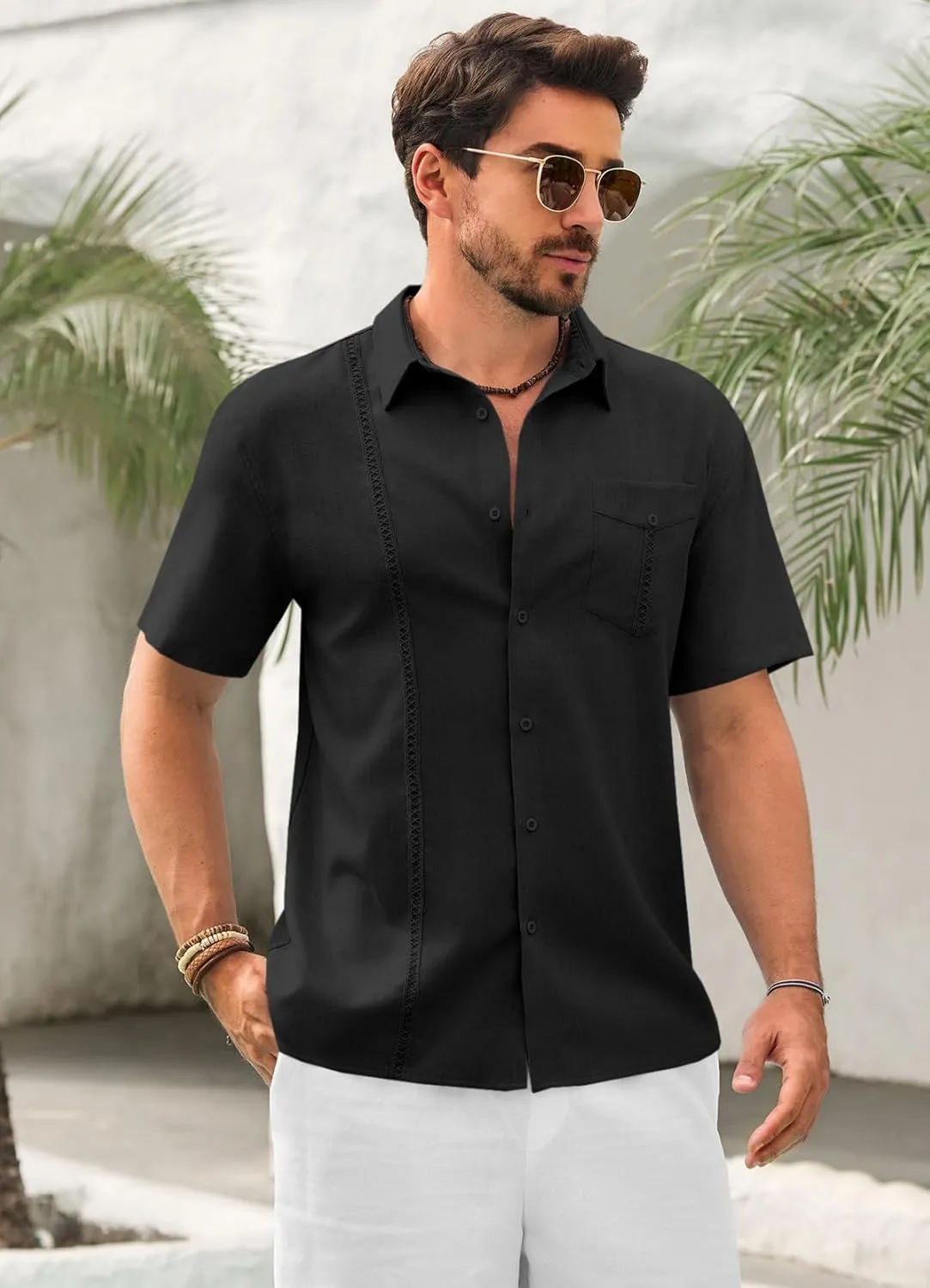 Runcati Mens Cuban Guayabera Shirts Button Down Short Sleeve Shirt Casual Linen Summer Beach Vacation Hippie Tops