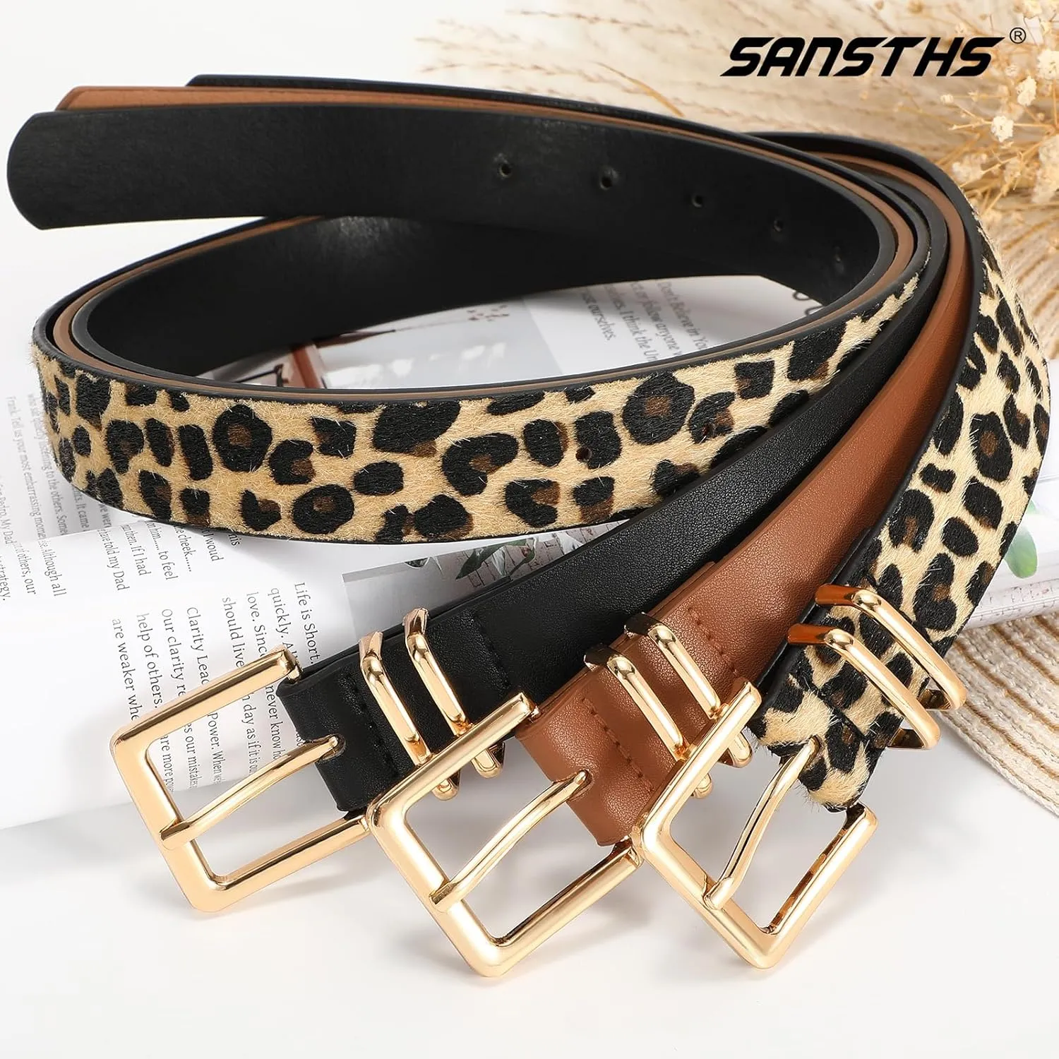 SANSTHS 3 PACK Women Leather Belts for Jeans Pants Dresses Fashion Ladies Waist Belt with Gold Square Buckle