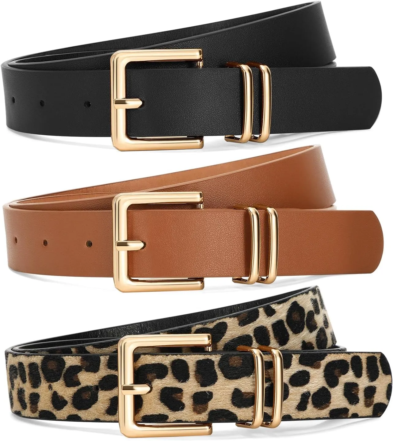 SANSTHS 3 PACK Women Leather Belts for Jeans Pants Dresses Fashion Ladies Waist Belt with Gold Square Buckle