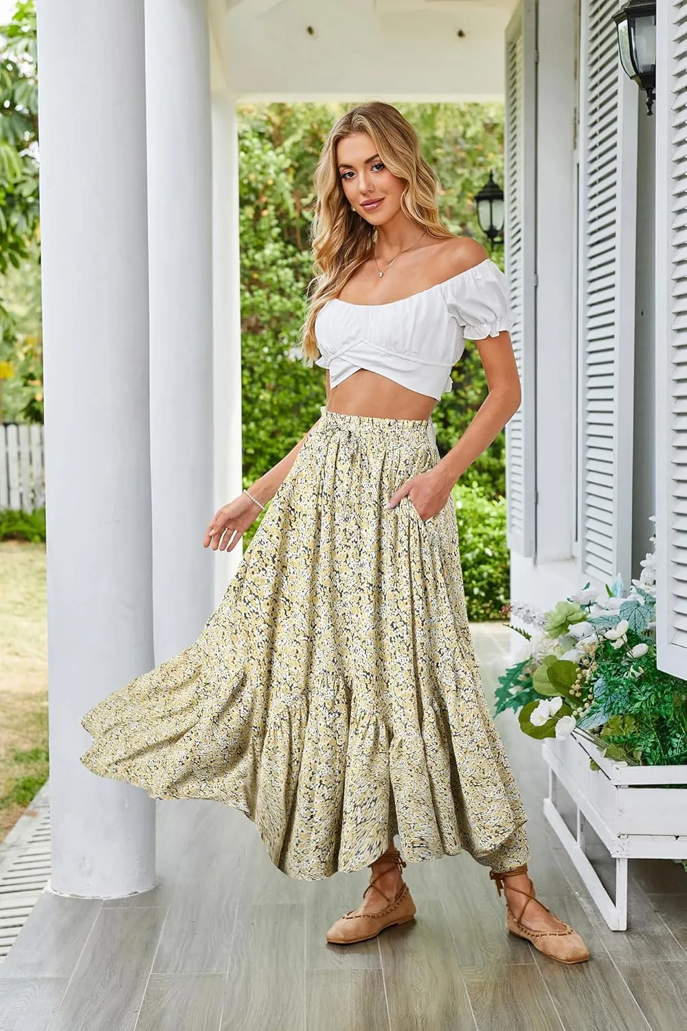Scarlet Darkness Maxi Skirts for Women 2025 Summer Bohemian Floral Skirt Renaissance Skirt with Pockets