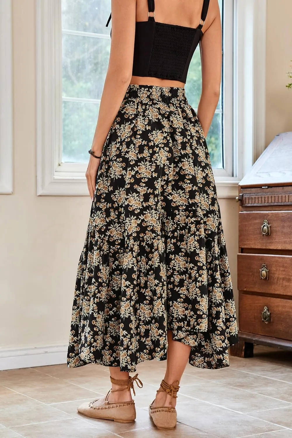 Scarlet Darkness Maxi Skirts for Women 2025 Summer Bohemian Floral Skirt Renaissance Skirt with Pockets