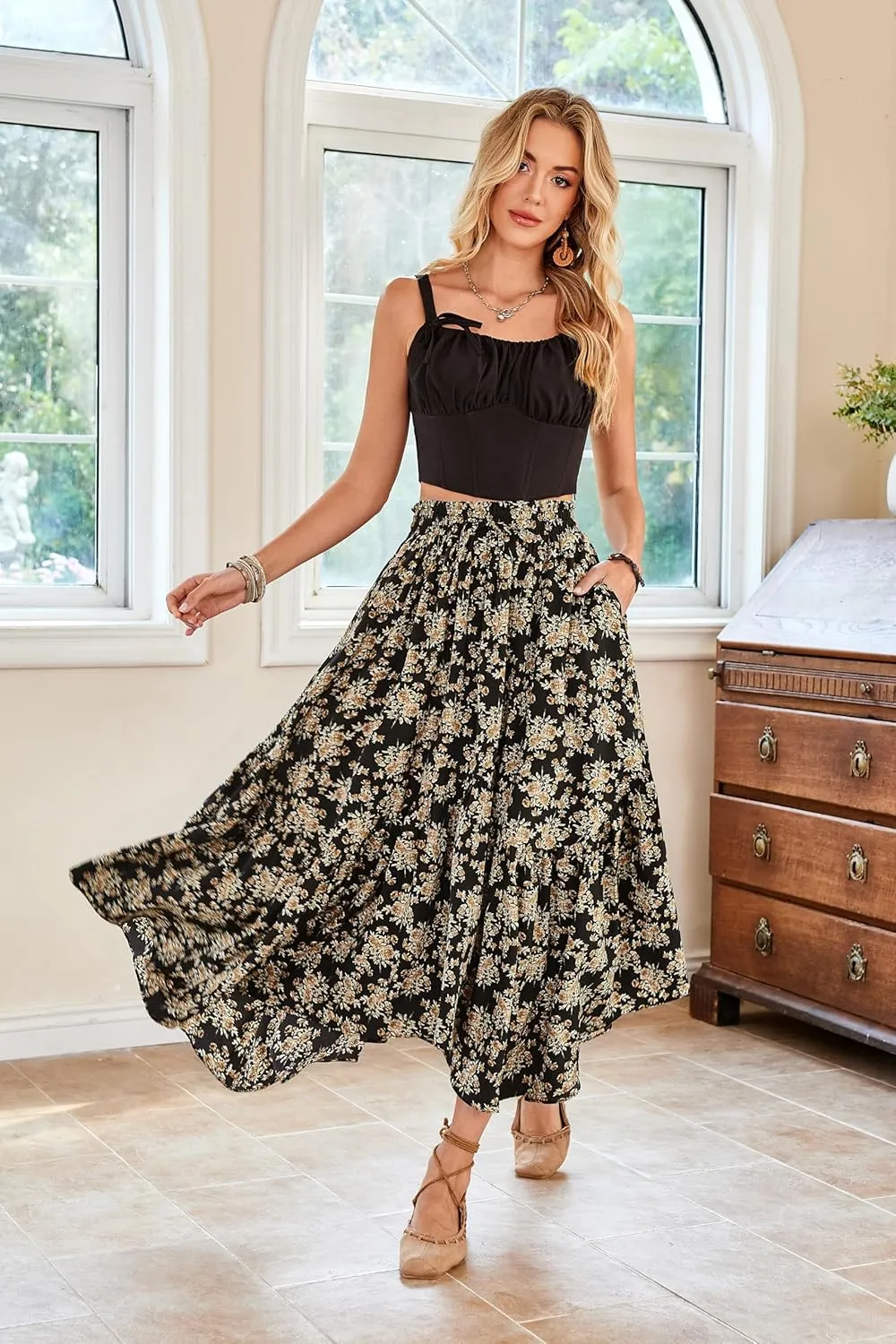 Scarlet Darkness Maxi Skirts for Women 2025 Summer Bohemian Floral Skirt Renaissance Skirt with Pockets