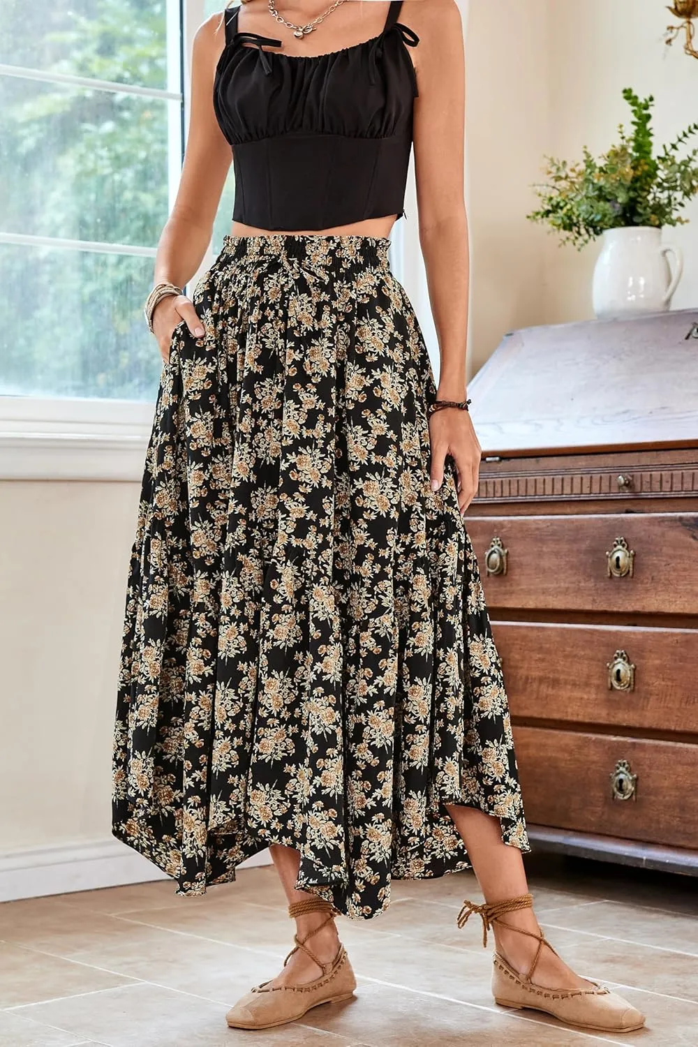 Scarlet Darkness Maxi Skirts for Women 2025 Summer Bohemian Floral Skirt Renaissance Skirt with Pockets