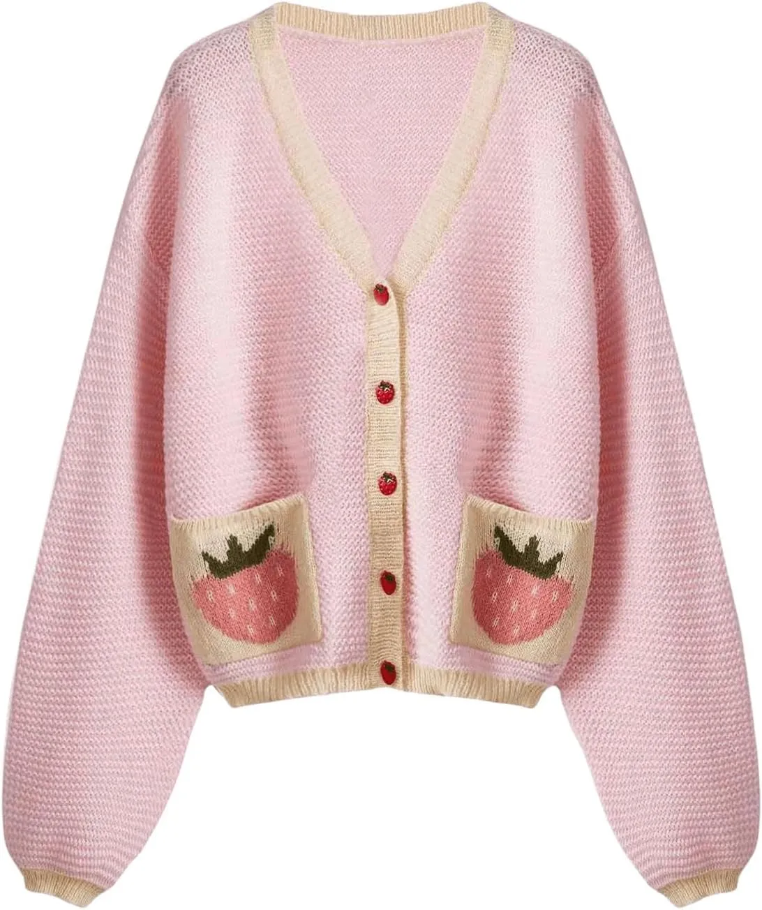 SHENHE Women's Strawberry Pattern Open Front Bishop Sleeve Casual Cardigan