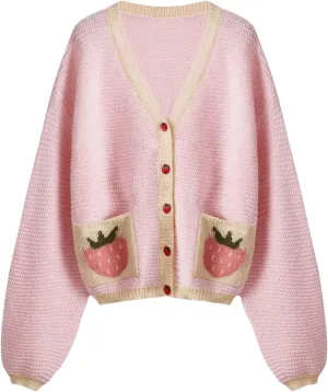 SHENHE Women's Strawberry Pattern Open Front Bishop Sleeve Casual Cardigan
