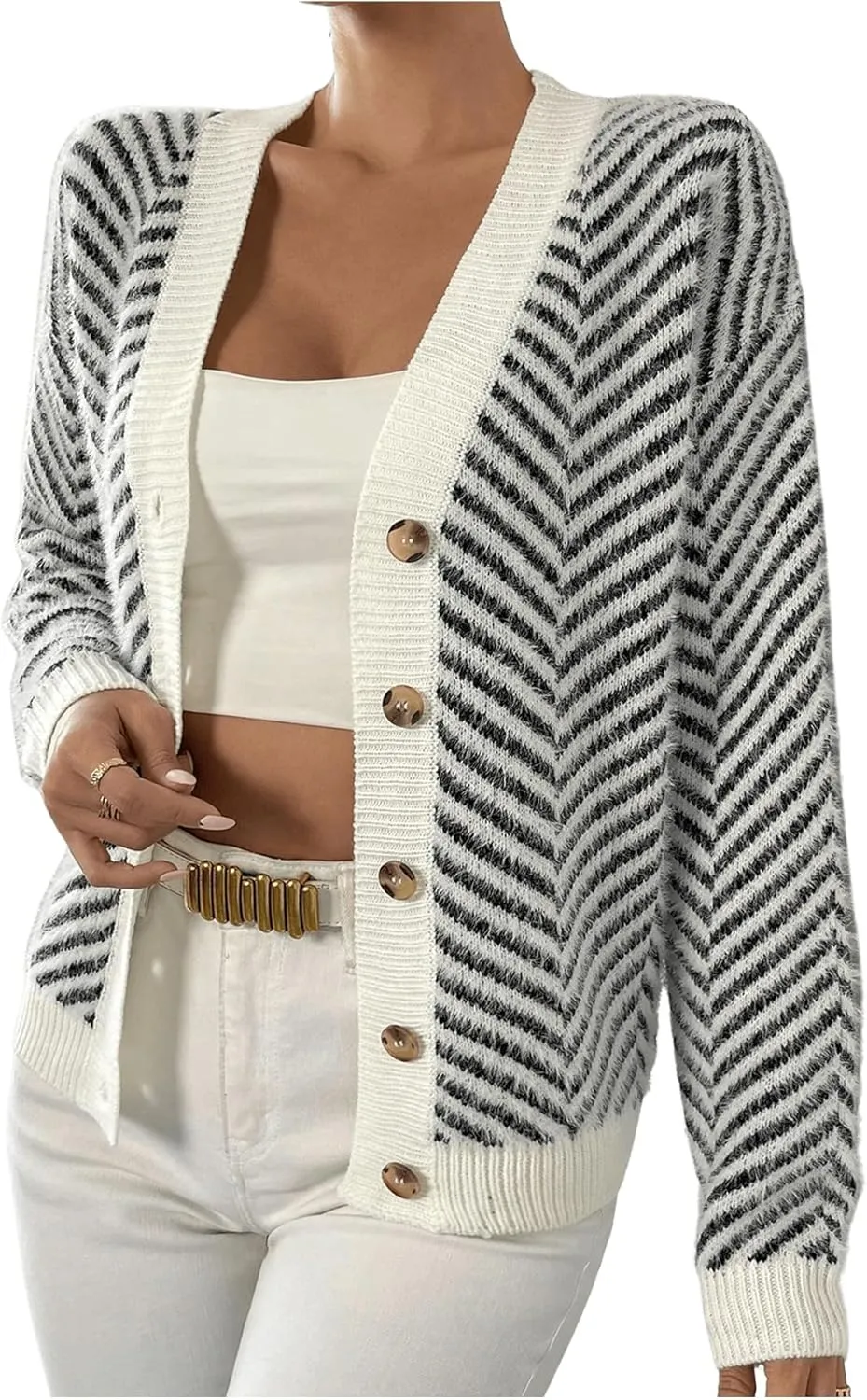 SHENHE Women's Striped Button Up Cardigan V Neck Drop Shoulder Casual Cardigan