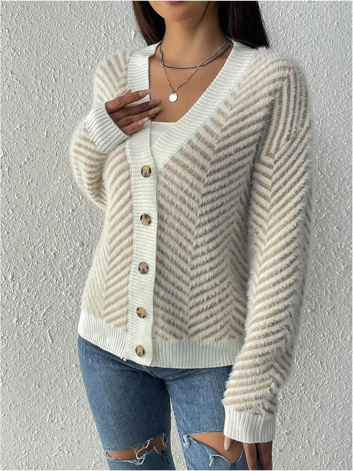 SHENHE Women's Striped Button Up Cardigan V Neck Drop Shoulder Casual Cardigan