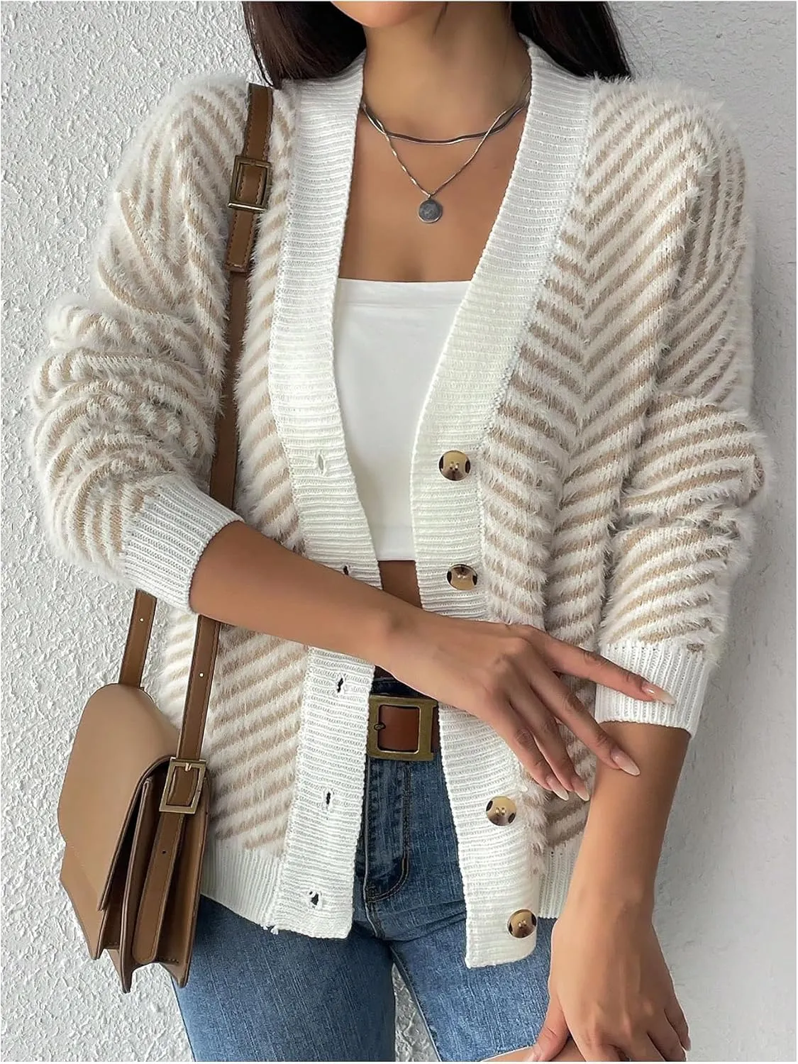 SHENHE Women's Striped Button Up Cardigan V Neck Drop Shoulder Casual Cardigan